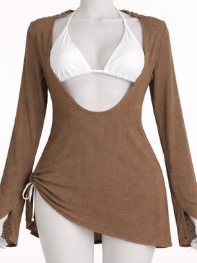 Lilosy Women’s Small Mesh Cutout Beach Cover-Up & Bikini White Brown Boho NWOT
